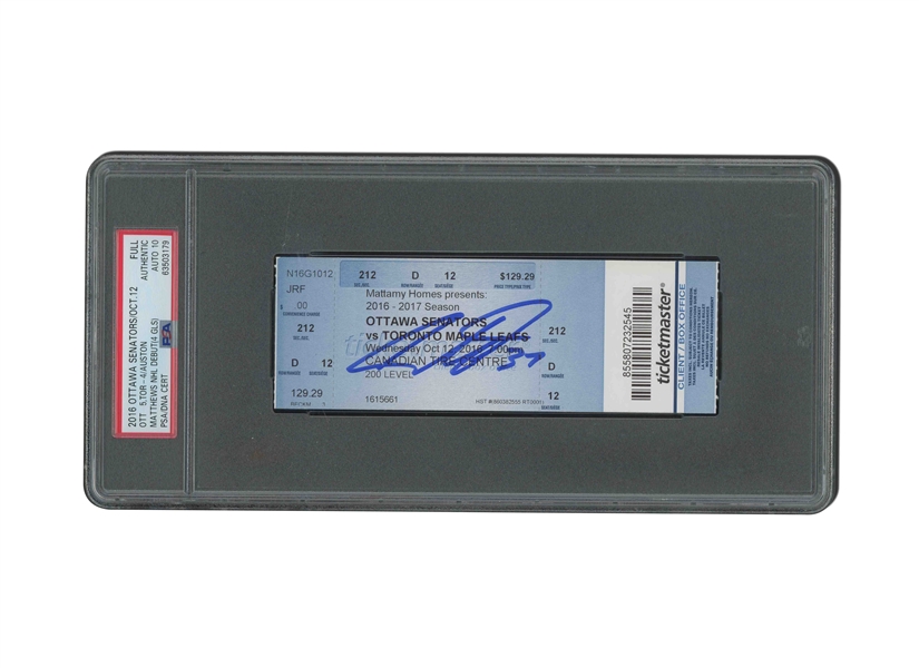 AUSTON MATTHEWS SIGNED 11/12/2016 TORONTO MAPLE LEAFS ROOKIE DEBUT FULL TICKET (1ST IN MODERN ERA TO SCORE 4 GOALS IN NHL DEBUT) - PSA AUTHENTIC, PSA/DNA 10 AUTO.
