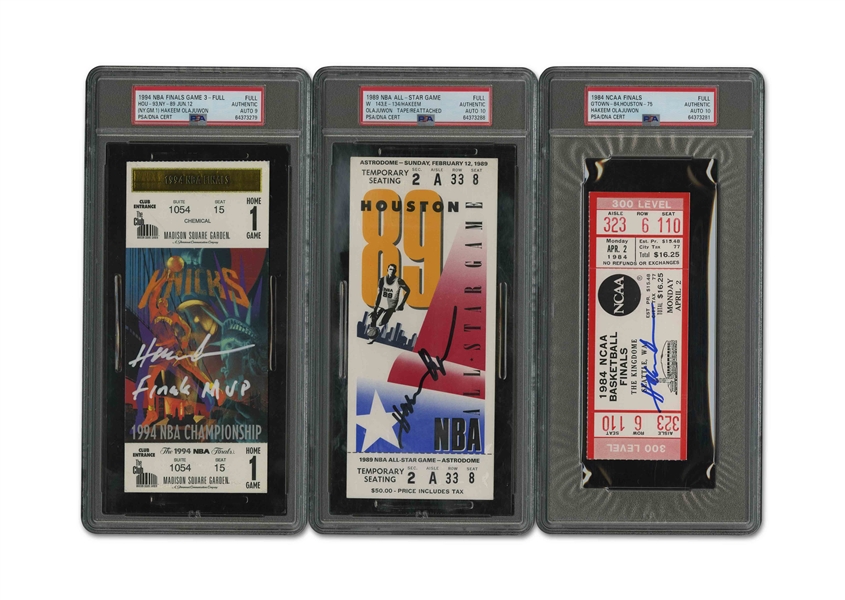 HAKEEM OLAJUWON TRIO OF SIGNED FULL TICKETS INCL. 1984 NCAA FINALS & 1994 NBA FINALS - ALL PSA AUTH. WITH PSA/DNA 10 AUTOS.