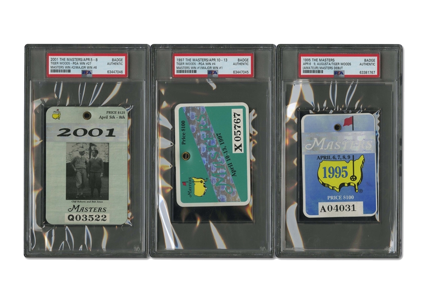 THE MASTERS TRIO TIGER WOODS VICTORY BADGES INCL. 1995 DEBUT, 1997 FIRST MASTERS/MAJOR WIN AND 2001 SECOND MASTERS WIN - PSA AUTHENTIC