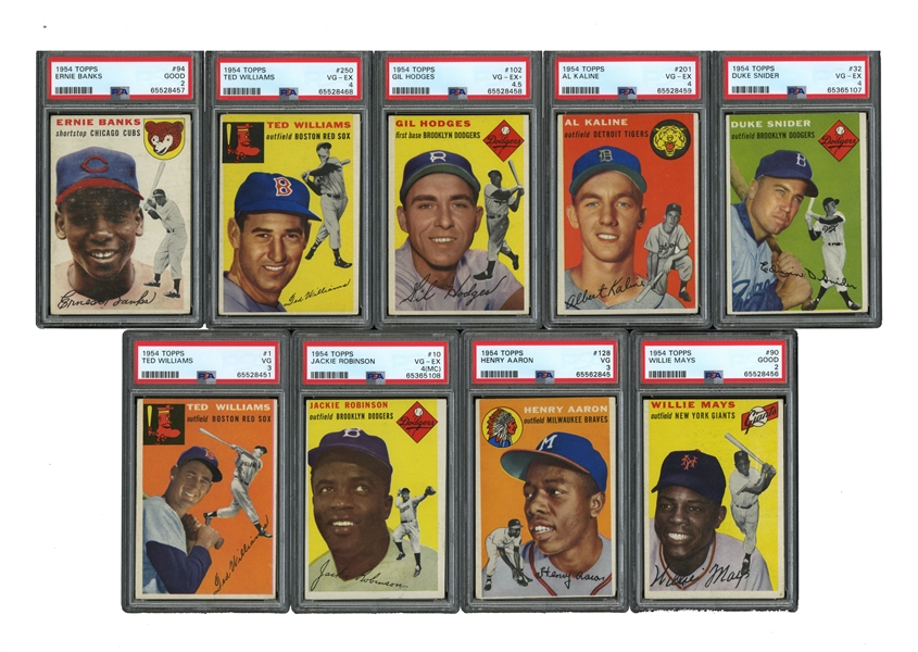 1954 TOPPS BASEBALL COMPLETE SET OF (250) WITH 14 PSA GRADED STARS & ROOKIES INCLUDING AARON, BANKS & KALINE