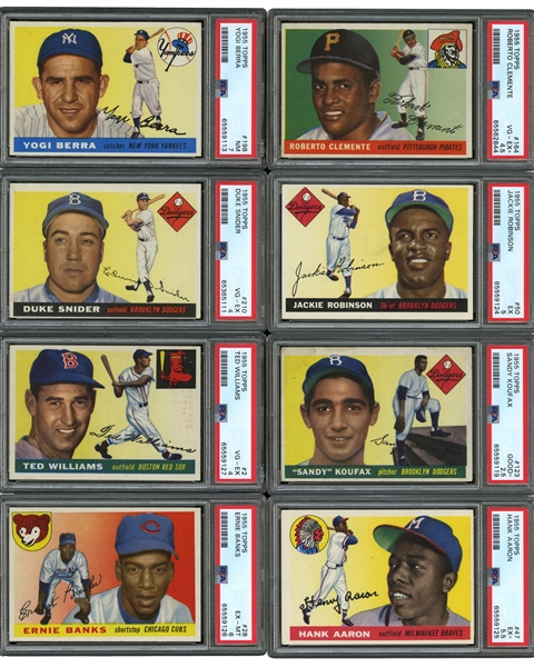 1955 TOPPS BASEBALL COMPLETE SET (206) WITH 19 PSA GRADED NOTABLES INCL. CLEMENTE & KOUFAX ROOKIES