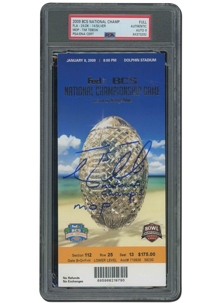 2009 BCS NATIONAL CHAMPIONSHIP (FLORIDA GATORS 24, OKLAHOMA SOONERS 14) FULL TICKET SIGNED & INSCRIBED BY TIM TEBOW - PSA AUTHENTIC, PSA/DNA 9 AUTO.