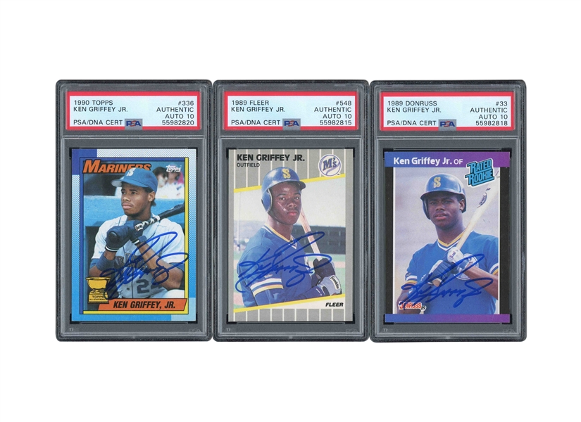 KEN GRIFFEY JR. SIGNED ROOKIE CARD TRIO OF 1989 DONRUSS #33, 1989 FLEER #548, AND 1990 TOPPS (AS ROOKIE) #338 - ALL PSA AUTHENTIC, PSA/DNA 10 AUTOS.