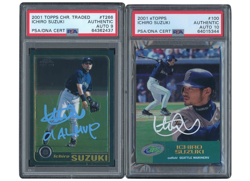 2001 TOPPS CHROME TRADED #T266 AND 2001 TOPPS #100 ICHIRO SUZUKI SIGNED ROOKIE CARDS - PSA AUTHENTIC, PSA/DNA 9 & 10 AUTOS.