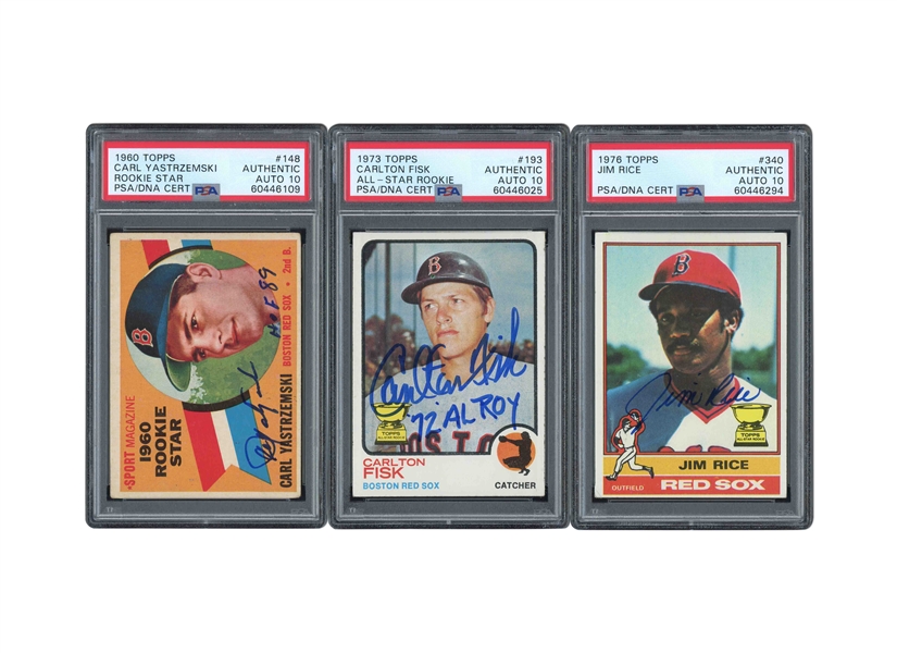 BOSTON RED SOX SIGNED TRIO OF 1960 TOPPS #148 CARL YASTRZEMSKI RC ("HOF 89"), 1973 TOPPS #193 CARLTON FISK ("72 AL ROY") AND 1976 TOPPS #340 JIM RICE - ALL PSA AUTHENTIC, PSA/DNA 10 AUTOS.