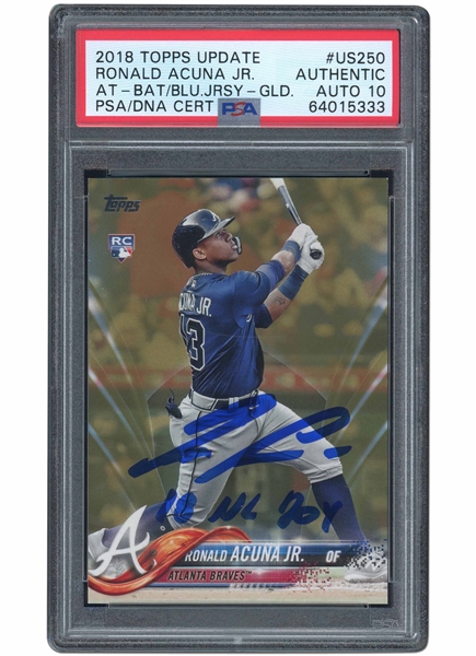 2018 TOPPS UPDATE #US250 AT-BAT IN BLUE JERSEY - GOLD RONALD ACUNA JR. SIGNED & INSCRIBED "18 NL ROY" - PSA AUTHENTIC, PSA/DNA GEM MINT 10