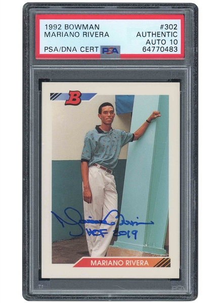 1992 BOWMAN #302 MARIANO RIVERA ROOKIE SIGNED & INSCRIBED "HOF 2019" - PSA AUTHENTIC, PSA/DNA 10 AUTO.