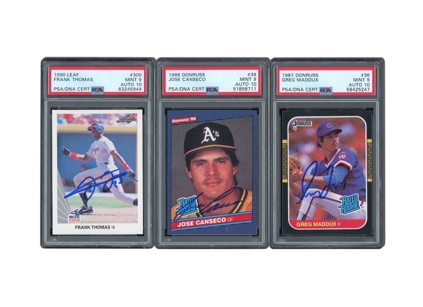 HIGH DUAL-GRADE SIGNED RC TRIO OF 1987 DONRUSS #36 GREG MADDUX, 1990 LEAF #300 FRANK THOMAS AND 1986 DONRUSS #39 JOSE CANSECO - ALL PSA MINT 9, PSA/DNA 10 AUTOS.