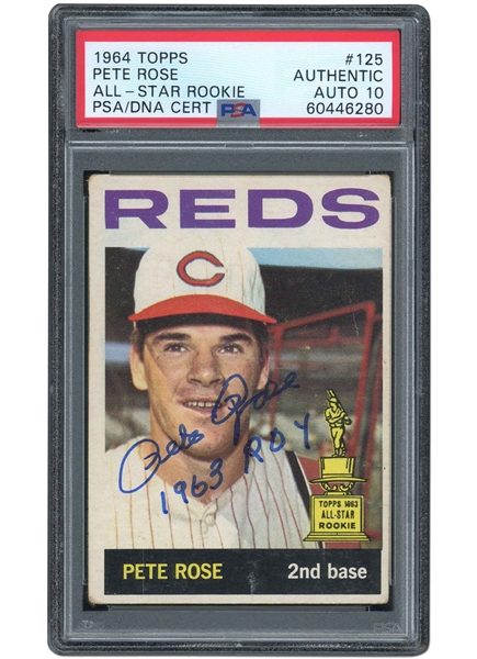 1964 TOPPS #125 ALL-STAR ROOKIE PETE ROSE SIGNED & INSCRIBED "1963 ROY" - PSA AUTHENTIC, PSA/DNA 10 AUTO.