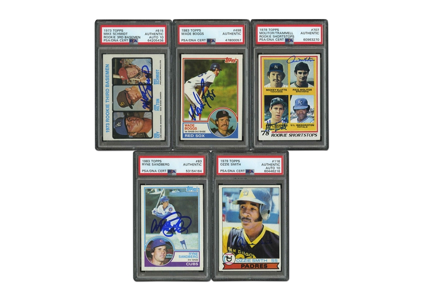 1970S HOF INFIELDERS LOT OF (5) SIGNED TOPPS ROOKIE CARDS INCL. 73 MIKE SCHMIDT #615, 78 MOLITOR/TRAMMELL #707, 79 OZZIE SMITH #116, 83 SANDBERG #83 AND BOGGS #498 - PSA AUTHENTIC, PSA/DNA AUTH.
