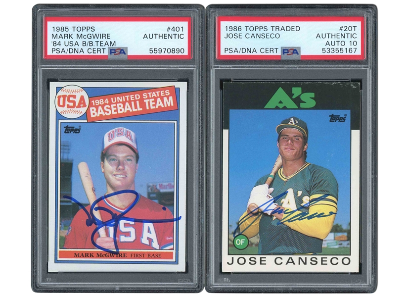 PAIR OF OAKLAND AS SIGNED ROOKIE CARDS INCL. 1985 TOPPS (USA BASEBALL) #401 MARK MCGWIRE AND 1986 TOPPS TRADED #20T JOSE CANSECO - PSA AUTHENTIC, PSA/DNA 10 AUTO (CANSECO)