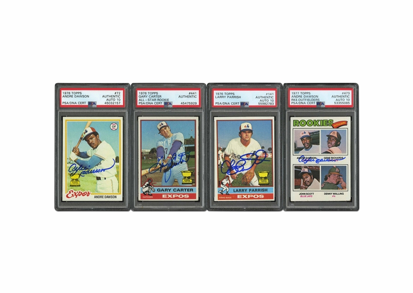 1970S MONTREAL EXPOS SIGNED TOPPS RC LOT OF (4) INCL. 76 GARY CARTER #441, 77 ANDRE DAWSON #473, 78 DAWSON #72, AND 76 PARISH #141 - PSA AUTHENTIC, PSA/DNA AUTH. & 10 AUTOS.