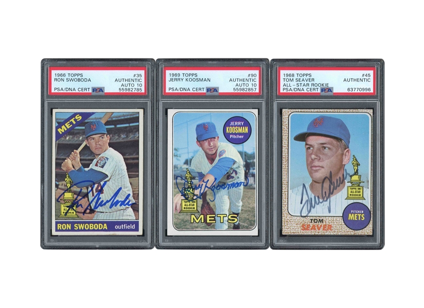 1960S "MIRACLE METS" TRIO OF SIGNED TOPPS ALL-STAR ROOKIES INCL. 68 TOM SEAVER #45, 69 JERRY KOOSMAN #90 AND 66 RON SWOBODA #35 - PSA AUTHENTIC, PSA/DNA AUTH. & 10 AUTOS.