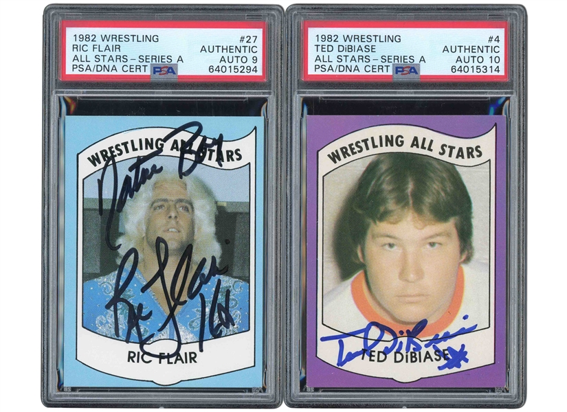 PAIR OF SIGNED 1982 WRESTLING ALL-STARS SERIES A #27 RIC FLAIR (INSCRIBED "NATURE BOY") AND #4 TED DiBIASE ROOKIE CARDS - PSA AUTHENTIC, PSA/DNA 9 & 10 AUTOS.