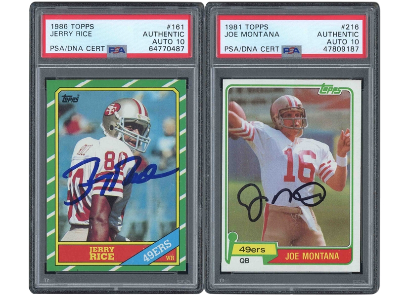 49ERS LEGENDS PAIR OF 1981 TOPPS #218 JOE MONTANA AND 1986 TOPPS #161 JERRY RICE AUTOGRAPHED ROOKIE CARDS - BOTH PSA AUTHENTIC, PSA/DNA 10 AUTOS.