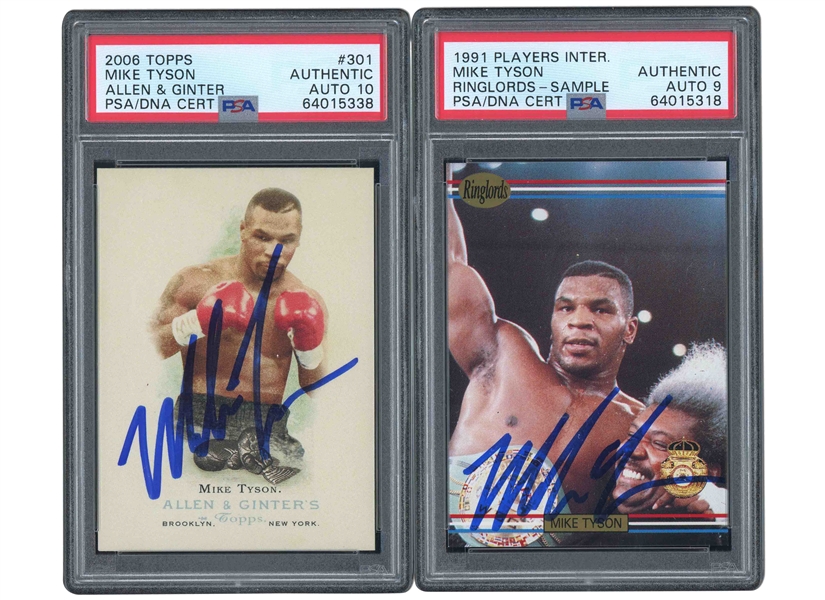 MIKE TYSON PAIR OF 1991 PLAYERS INTERNATIONAL RINGLORDS (SAMPLE) AND 2006 TOPPS ALLEN & GINTER #301 SIGNED CARDS - PSA AUTHENTIC, PSA/DNA 9 & 10 AUTOS.