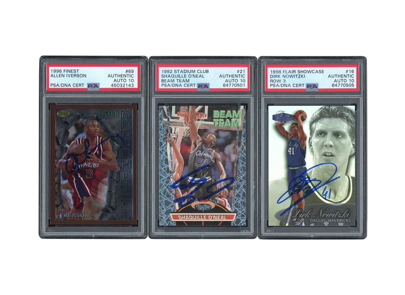 TRIO OF 1992 STADIUM CLUB (BEAM TEAM) #21 SHAQUILLE ONEAL, 1996 FINEST #69 ALLEN IVERSON, AND 1998 FLAIR SHOWCASE (ROW 3) #16 DIRK NOWITZKI SIGNED ROOKIE CARDS - ALL PSA AUTHENTIC, PSA/DNA 10 AUTOS.