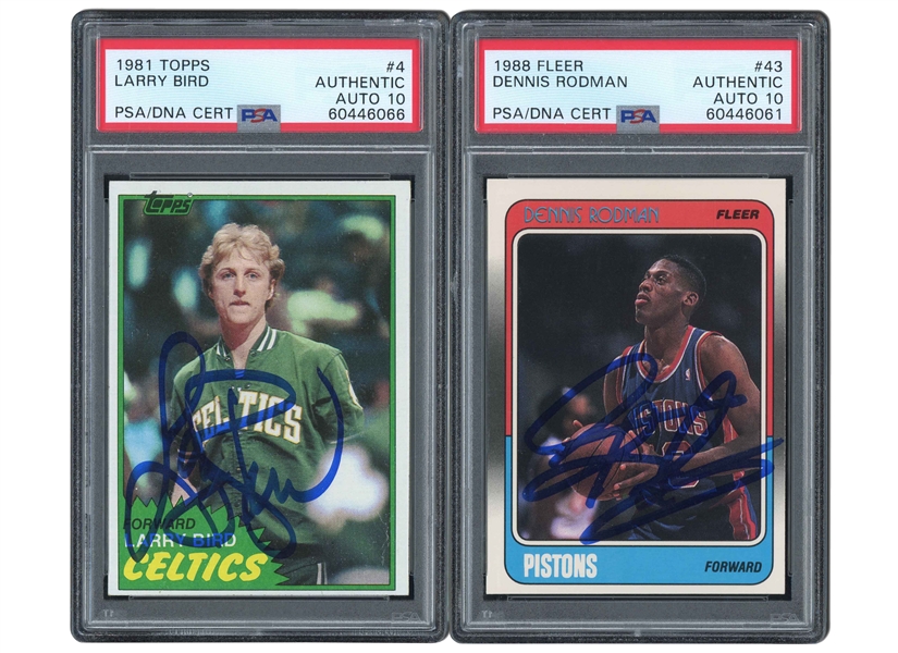 1981 TOPPS #4 LARRY BIRD AND 1988 FLEER #43 DENNIS RODMAN PAIR OF AUTOGRAPHED CARDS - BOTH PSA AUTHENTIC, PSA/DNA 10 AUTOS.