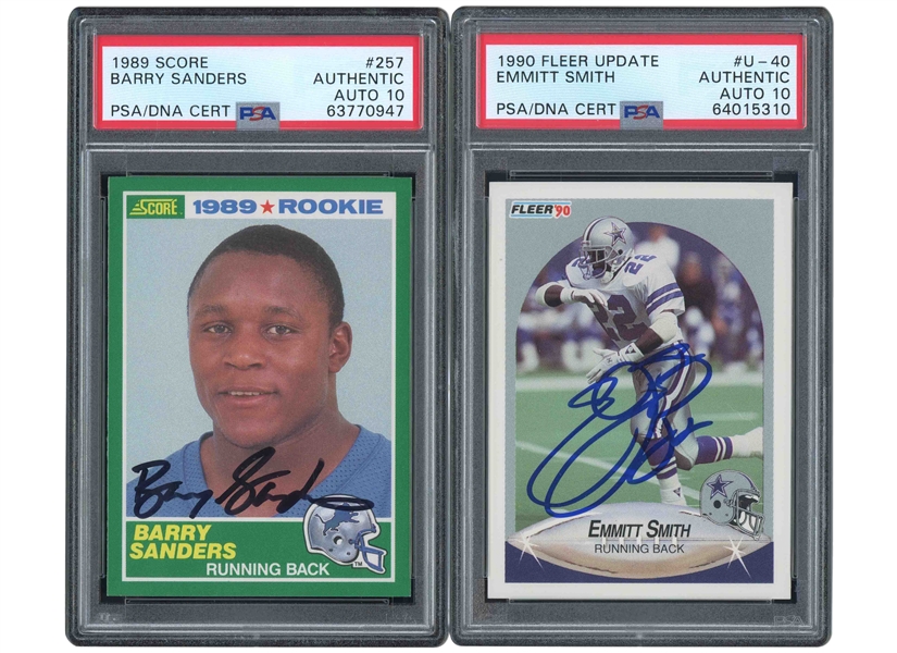 1989 SCORE #257 BARRY SANDERS AND 1990 FLEER UPDATE #U-40 EMMITT SMITH PAIR OF SIGNED ROOKIE CARDS - BOTH PSA AUTHENTIC, PSA/DNA 10 AUTOS.