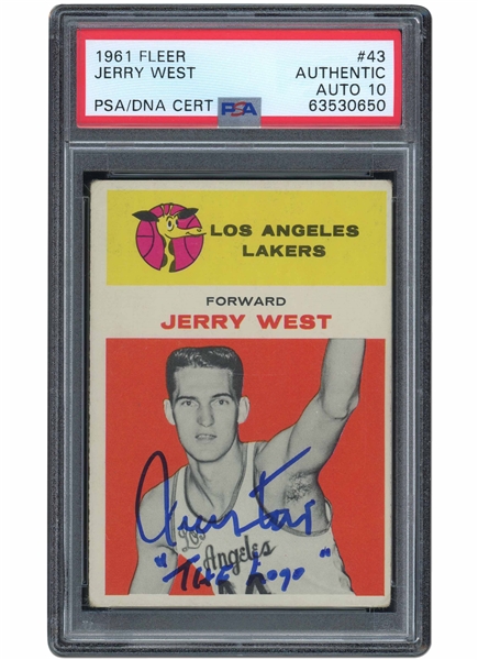 1961 FLEER #43 JERRY WEST ROOKIE SIGNED & INSCRIBED "THE LOGO" - PSA AUTHENTIC, PSA/DNA 10 AUTO.