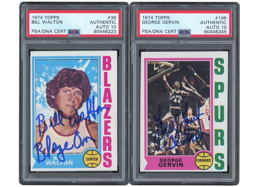 1974 TOPPS PAIR OF SIGNED & INSCRIBED #39 BILL WALTON ("BLAZE ON") AND #196 GEORGE GERVIN ("ICEMAN") ROOKIE CARDS - BOTH PSA AUTHENTIC, PSA/DNA 10 AUTOS.
