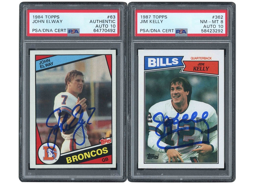 1984 TOPPS #63 JOHN ELWAY (PSA AUTH.) AND 1987 TOPPS #362 JIM KELLY (PSA NM-MT 8) PAIR OF SIGNED ROOKIE CARDS WITH PSA/DNA 10 AUTOS.