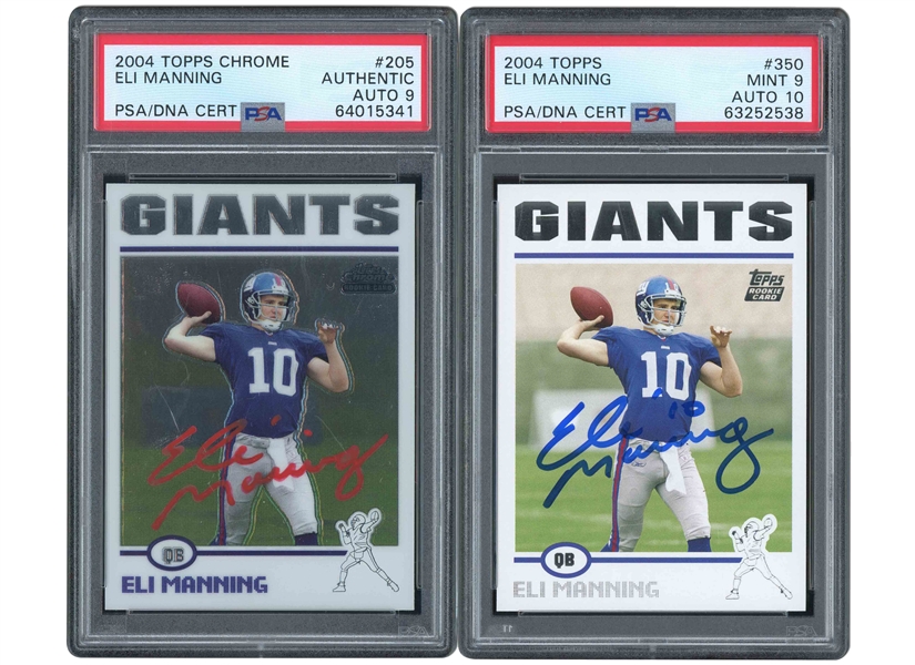 ELI MANNING PAIR OF 2004 TOPPS #350 (PSA MINT 9, PSA/DNA 10 AUTO.) AND 2004 TOPPS CHROME #205 (PSA AUTH., PSA/DNA 9 AUTO) SIGNED ROOKIE CARDS