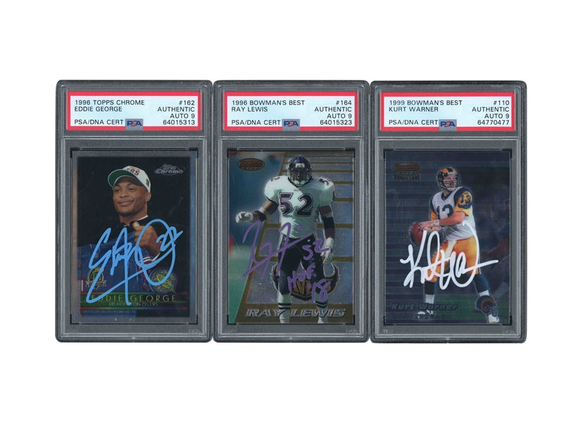 LATE 90S SIGNED ROOKIE CARD TRIO OF 1996 TOPPS CHROME #162 EDDIE GEORGE, 1996 BOWMANS BEST #164 RAY LEWIS AND 1999 BOWMANS BEST #110 KURT WARNER - ALL PSA AUTHENTIC, PSA/DNA 9 AUTOS.