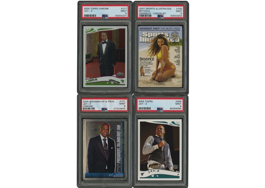 JAY-Z TRIO OF 2005 ROOKIE CARDS INCL. BOWMAN DP&P #151 CHROME, TOPPS CHROME #217 & TOPPS #255, PLUS BEYONCE 2007 SI SWIMSUIT #100 CHECKLIST - ALL PSA MINT 9