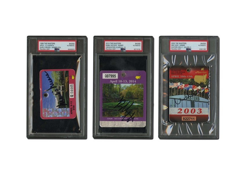 THE MASTERS CHAMPIONS TRIO OF 1998 (MARK OMEARA), 2003 (MIKE WEIR) AND 2014 (BUBBA WATSON) BADGES SIGNED BY EACH WINNER - ALL PSA AUTHENTIC, PSA/DNA AUTH.