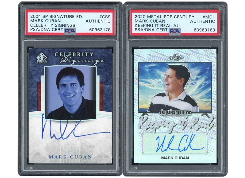 MARK CUBAN PAIR OF 2004 SP SIGNATURE CELEBRITY SIGNINGS #CS9 AND 2020 METAL POP CENTURY KEEPING IT REAL #MC1 AUTOGRAPHED CARDS - BOTH PSA AUTHENTIC, PSA/DNA AUTH.