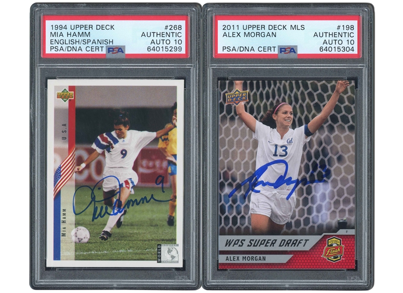 USWNT LEGENDS PAIR OF 1994 UPPER DECK #288 MIA HAMM AND 2011 UD MLS #198 ALEX MORGAN SIGNED ROOKIE CARDS - BOTH PSA AUTHENTIC, PSA/DNA 10 AUTOS.