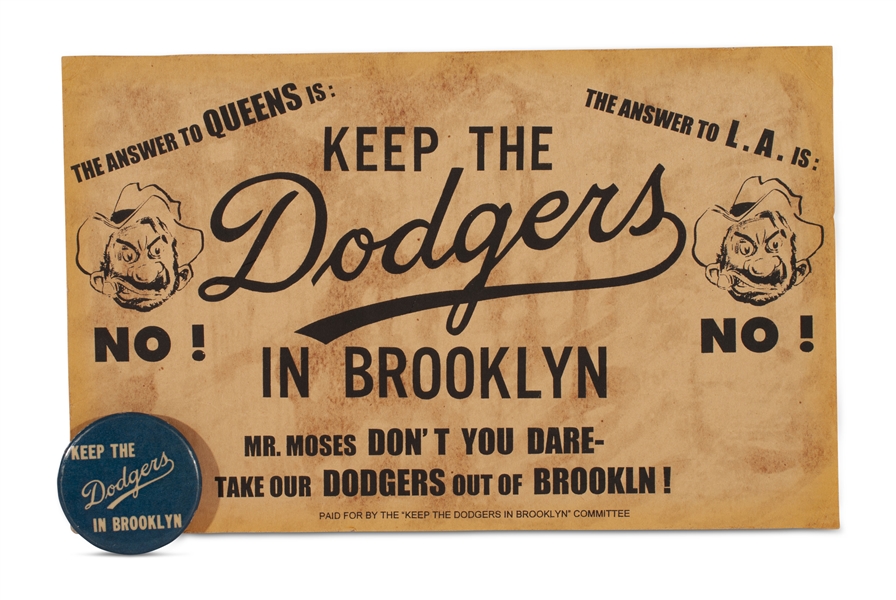 1957 KEEP THE DODGERS IN BROOKLYN PIN AND SIGN