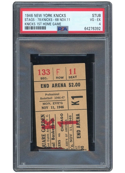 NOV. 11, 1946 NEW YORK KNICKS FIRST HOME GAME IN FRANCHISE HISTORY (VS. CHICAGO STAGS AT MSG) TICKET STUB - PSA VG-EX 4 (POP 1, ONLY GRADED EXAMPLE)