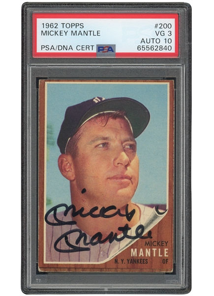 1962 TOPPS #200 MICKEY MANTLE WITH STRIKING AUTOGRAPH - PSA VG 3, PSA/DNA 10 AUTO.