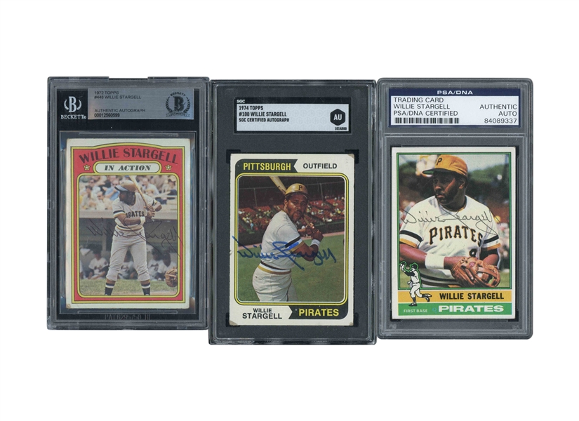 WILLIE STARGELL SIGNED TRIO OF 1972 (IN ACTION), 1974 & 1976 TOPPS CARDS - BECKETT, SGC & PSA/DNA AUTHENTIC AUTOS.