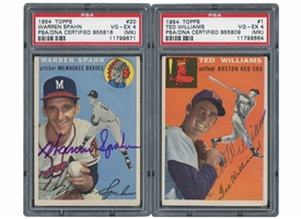 1954 TOPPS #1 TED WILLIAMS AND #20 WARREN SPAHN SIGNED CARDS - BOTH PSA VG-EX 4 (MK) & PSA/DNA AUTH.