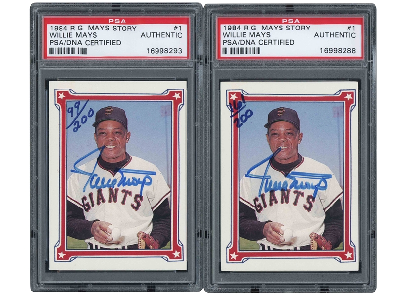 PAIR OF 1984 R.G. MAYS STORY #1 WILLIE MAYS AUTOGRAPHED LIMITED EDITION (99/200 & 161/200) CARDS - PSA/DNA AUTHENTIC