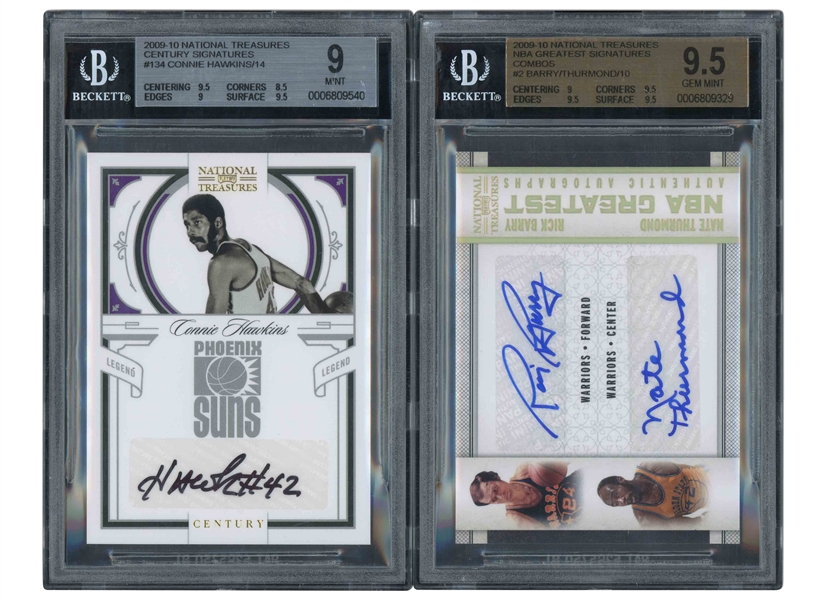 PAIR OF 2009 PANINI NATL TREASURES SIGNED CARDS INCL. GREATEST COMBOS #2 (2/10) R. BARRY/N. THURMOND BGS GEM MINT 9.5, 10 AUTO. & CENTURY SIGNATURES #134 (5/14) CONNIE HAWKINS - BGS MINT 9, 10 AUTO