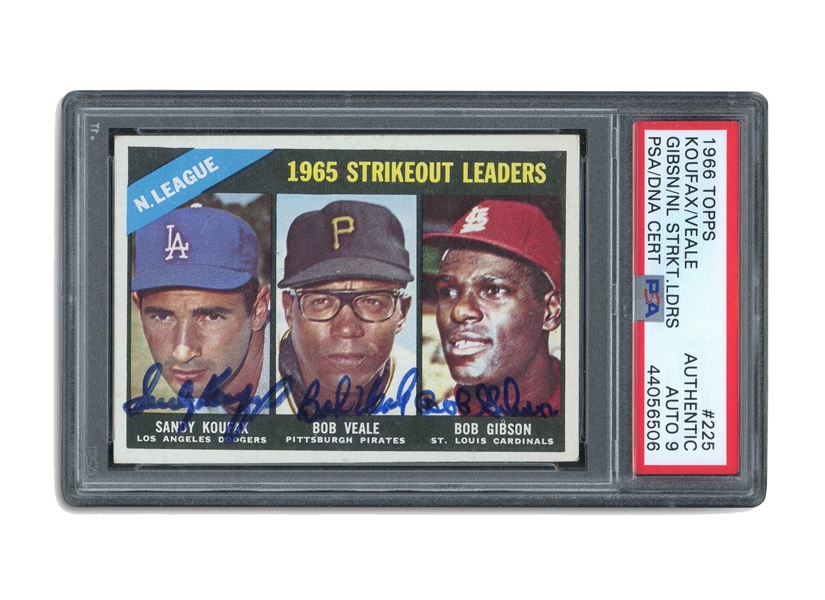 1966 TOPPS #225 SANDY KOUFAX / BOB VEALE / B0B GIBSON N.L. STRIKEOUT LEADERS SIGNED BY ALL THREE - PSA AUTH. & PSA/DNA 9 AUTOS.