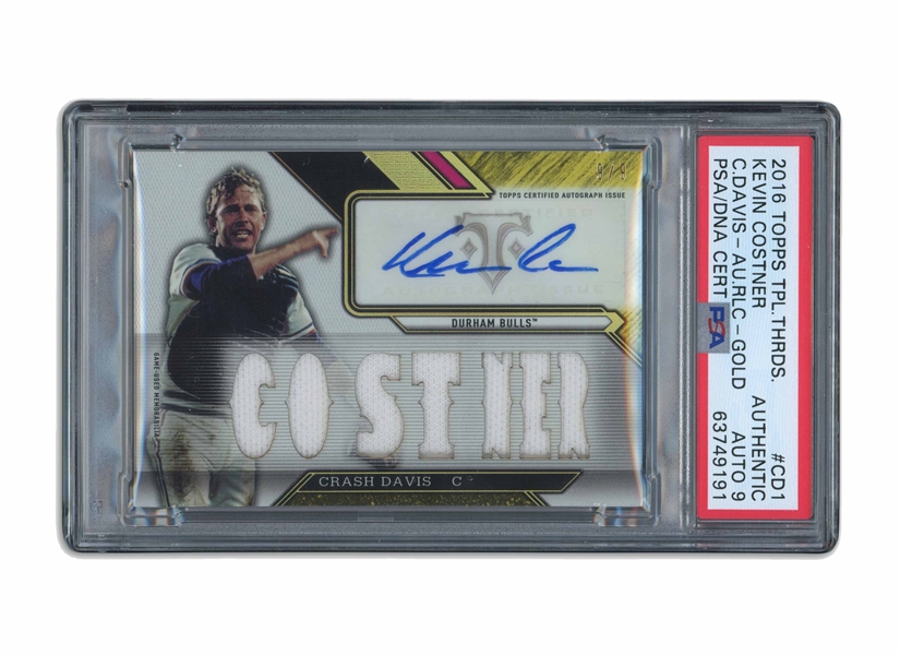2016 TOPPS TRIPLE THREADS #CD1 KEVIN COSTNER / CRASH DAVIS (BULL DURHAM) AUTO RELIC GOLD LIMITED EDITION (9/9) - PSA AUTHENTIC, PSA/DNA 9 AUTO.
