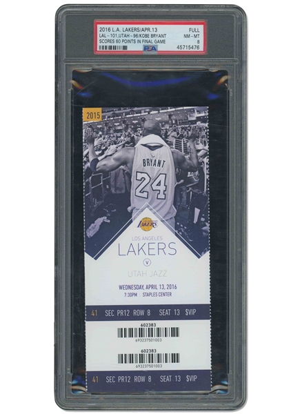 APRIL 13, 2016 KOBE BRYANT FINAL CAREER GAME FULL TICKET (60 POINTS, "MAMBA OUT") - PSA NM-MT 8