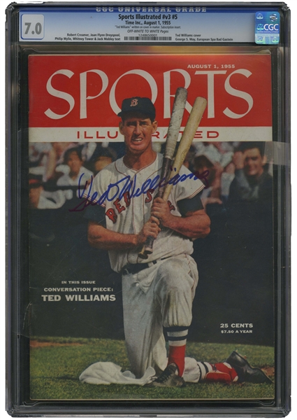 AUG. 1, 1955 SPORTS ILLUSTRATED SIGNED BY TED WILLIAMS (FIRST COVER) - CGC 7.0 & PSA/DNA LOA