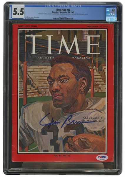 NOV. 26, 1965 TIME MAGAZINE SIGNED BY JIM BROWN - CLEVELAND BROWNS - CGC 5.5 & PSA/DNA COA
