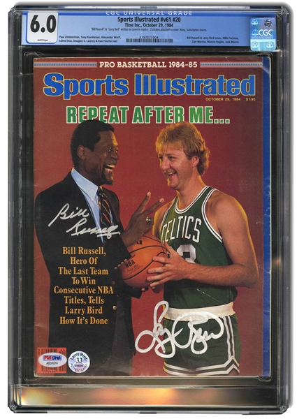 OCT. 29, 1984 SPORTS ILLUSTRATED "REPEAT AFTER ME" SIGNED BY BILL RUSSELL AND LARRY BIRD - CGC 6.0 & PSA/DNA COA