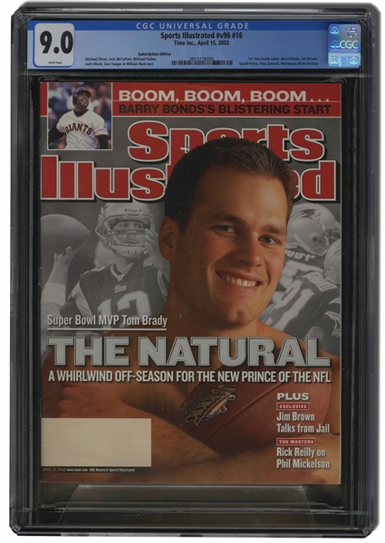 APRIL 15, 2002 SPORTS ILLUSTRATED "THE NATURAL" TOM BRADY FIRST OFFICIAL COVER (ROOKIE & SUPER BOWL XXXVI MVP) - CGC 9.0