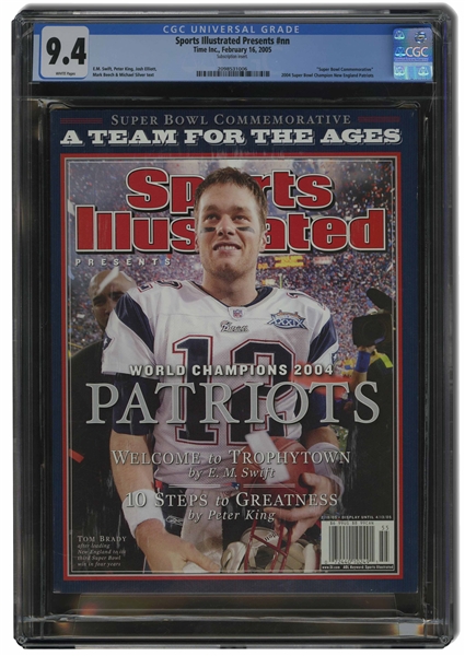 FEB. 2002 "AMAZING" AND FEB. 2005 "A TEAM FOR THE AGES" SPORTS ILLUSTRATED NEW ENGLAND PATRIOTS WORLD CHAMPS COMMEMORATIVE ISSUES INCL. 1ST SUPER BOWL & TOM BRADYS 1ST COVER - CGC 9.2 & 9.4 (POP 1)