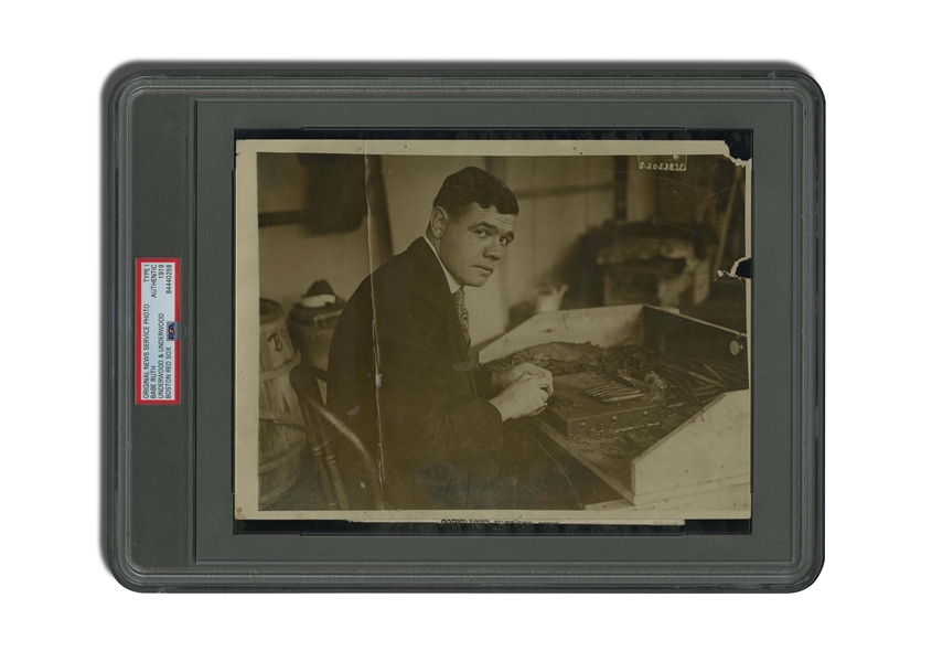 OCTOBER 1919 BABE RUTH ORIGINAL PHOTOGRAPH ROLLING A CIGAR - ONE OF HIS LAST IMAGES AS A RED SOX PLAYER! - PSA/DNA TYPE I
