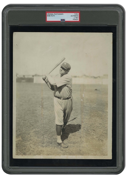 C. 1921 BABE RUTH ORIGINAL PHOTOGRAPH SWINGING THE BAT IN HIS 2ND SEASON AS A YANKEE - PSA/DNA TYPE I