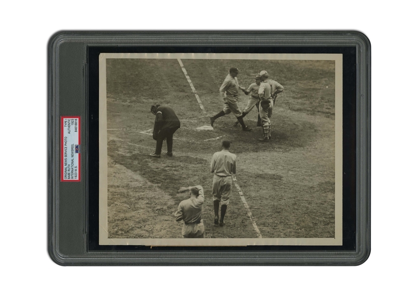 1923 BABE RUTH WORLD SERIES ORIGINAL PHOTOGRAPH CAPTURING ONE OF HIS TWO HOME RUN TROTS IN GAME 2 - PSA/DNA TYPE I